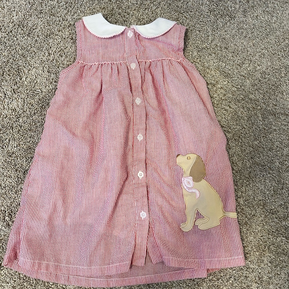 Red Striped Dress with Puppy Appliqué